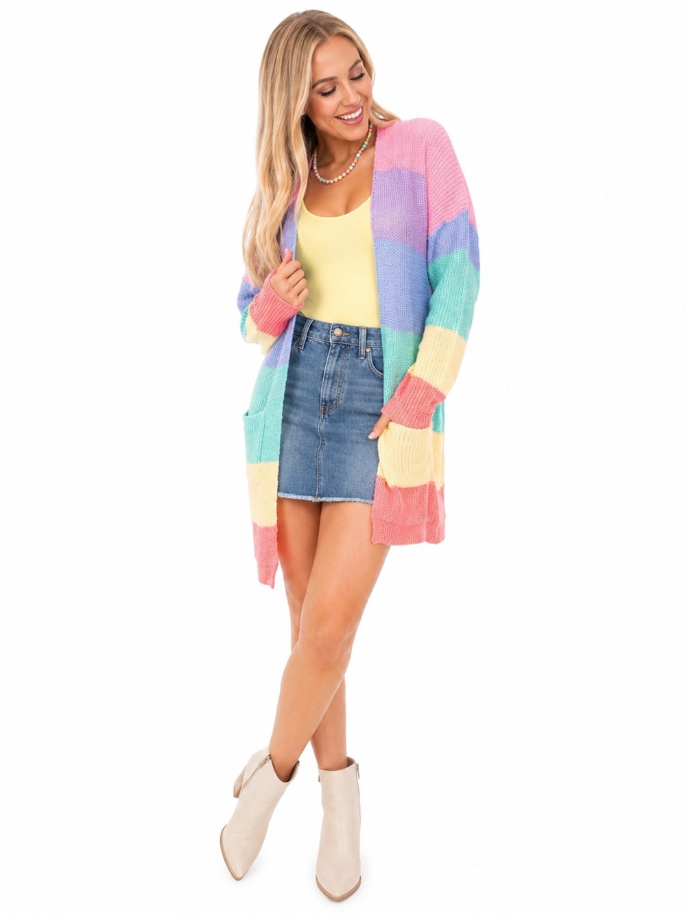 ZESICA XL Pastel Rainbow Colorblock Long Open Front Knit Cardigan Pockets - Picture 7 of 11